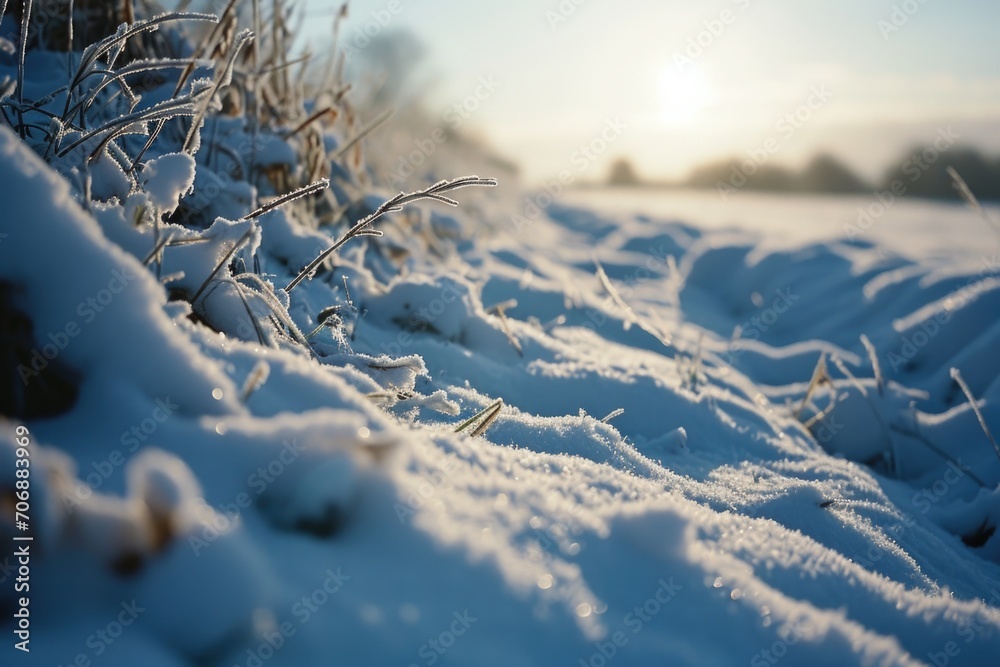 Poster a snowy field adjacent to a beautiful forest. perfect for winter-themed designs and nature-related p