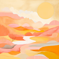 Abstract Sunset and Riverside Warm Tones Painting