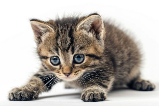 A small adorable kitten with mesmerizing blue eyes is captured on a clean white surface. Perfect for various uses