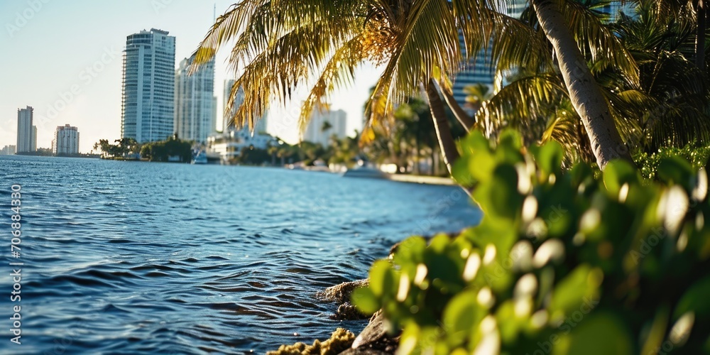 Aufkleber A serene view of a palm tree in the foreground with a body of water in the background. This image can be used to evoke a sense of relaxation and tropical vibes