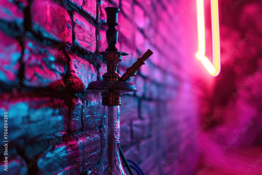 Poster a hook on a brick wall with a neon light in the background. can be used to depict urban aesthetics o