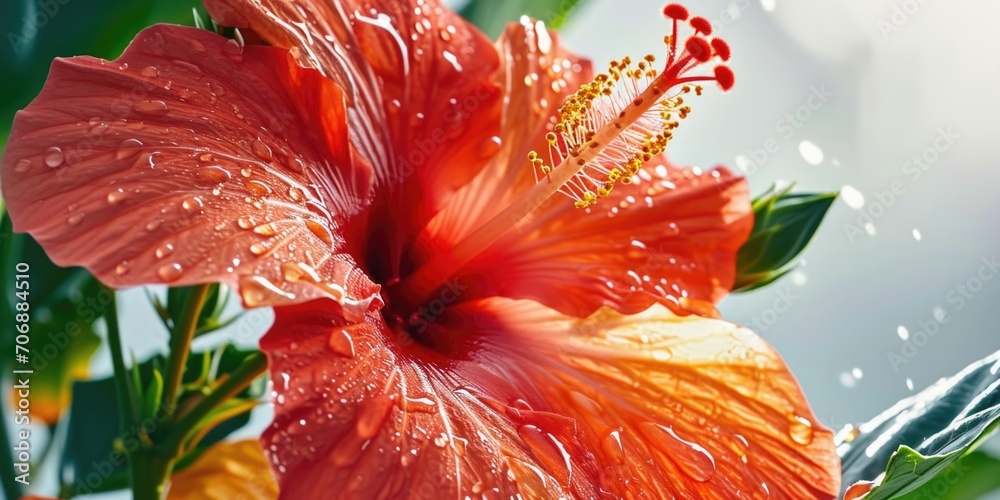 Wall mural A detailed close-up view of a flower with glistening water droplets. Perfect for adding a touch of freshness and beauty to any project