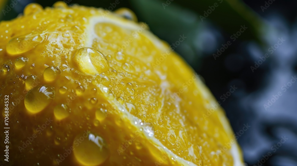 Poster a close up view of an orange with water droplets on its surface. this image can be used to depict fr