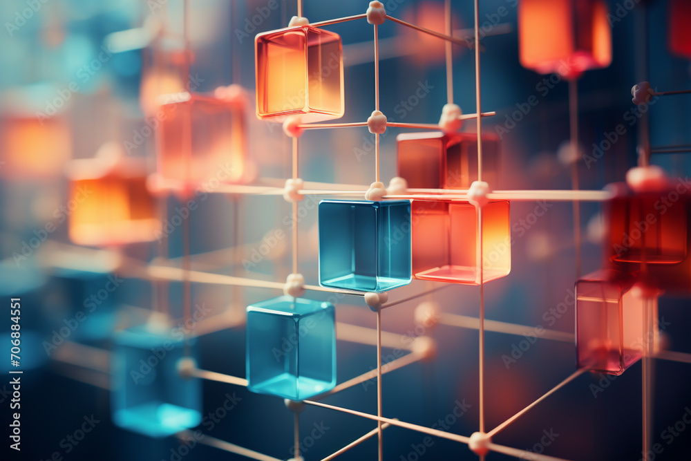 Poster minimalist interpretation of interconnected blocks symbolizing blockchain.