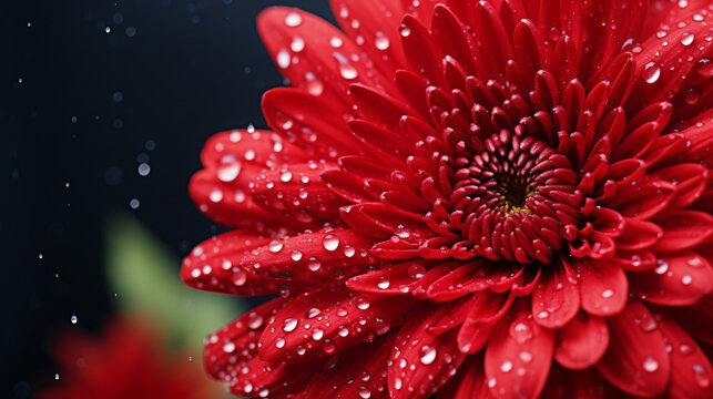 Beautiful red chrysanthemum with water drops close up