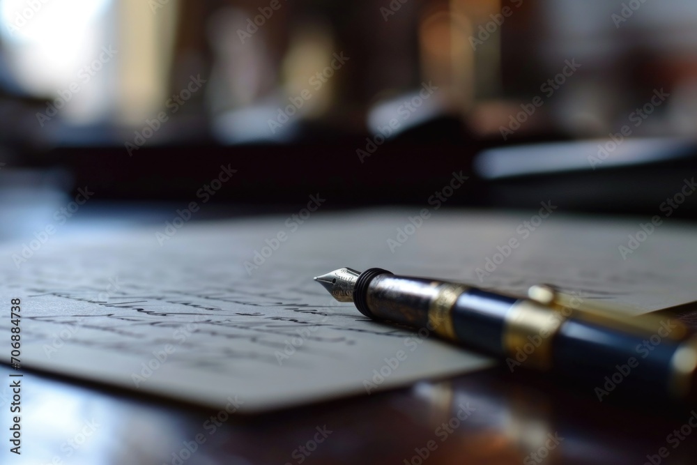 Poster a pen sitting on top of a piece of paper. this versatile image can be used for various purposes