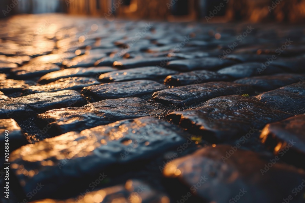 Poster a picturesque cobblestone street bathed in the warm glow of a sunset. perfect for adding a touch of 