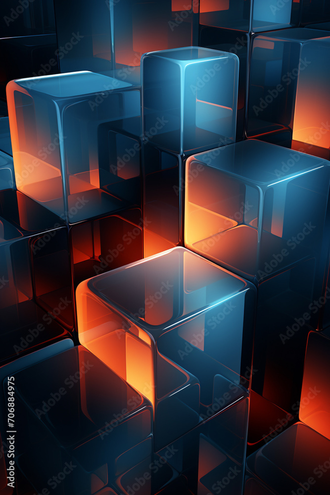 Poster Minimalist, abstract blocks with glowing edges symbolizing data.
