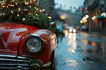 A red car with a Christmas tree on top. Perfect for holiday-themed designs
