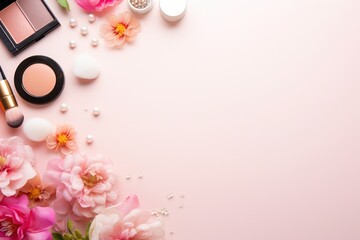 Cosmetics and flowers on pink background. Flat lay, top view.