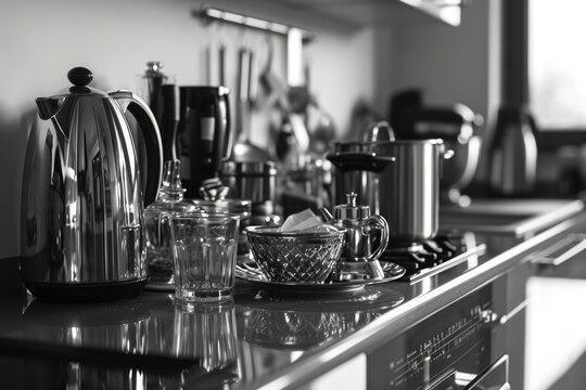 A black and white photo of a kitchen counter. This versatile image can be used in various projects related to interior design, home improvement, or cooking
