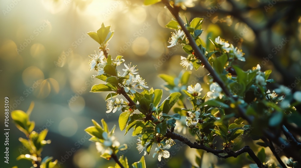 Poster a detailed view of a tree branch covered in delicate white flowers. perfect for nature enthusiasts o