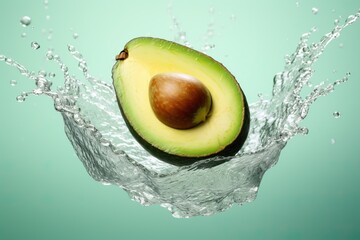 Fresh delicious levitating avocado with water and oil splashes