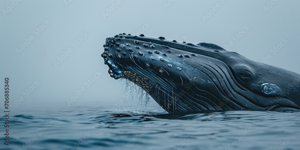 Poster a humpback whale captured in a photograph with its mouth wide open. this image can be used to depict