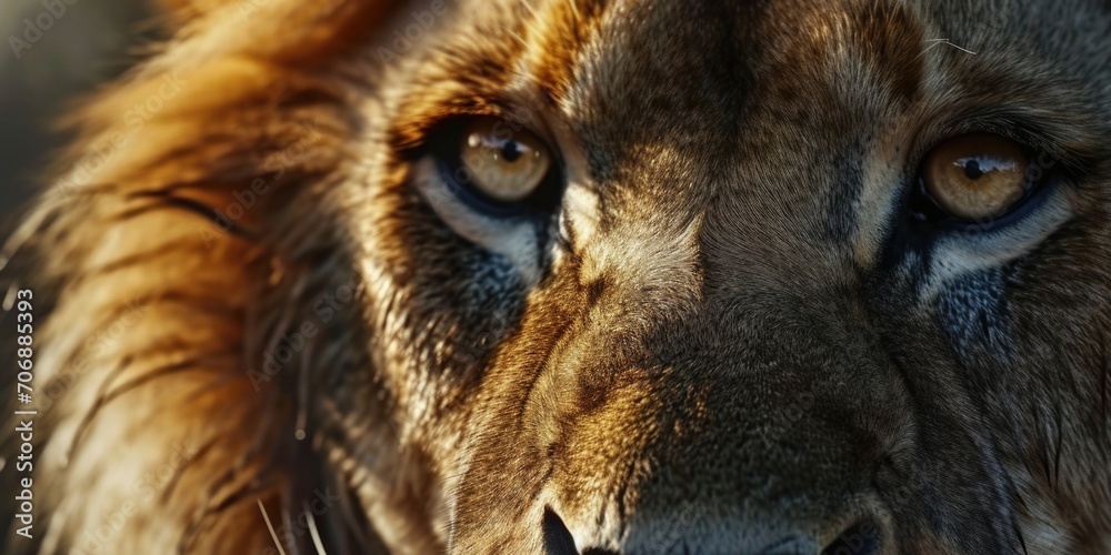 Poster a close-up view of a lion's face with a blurred background. perfect for wildlife enthusiasts and nat