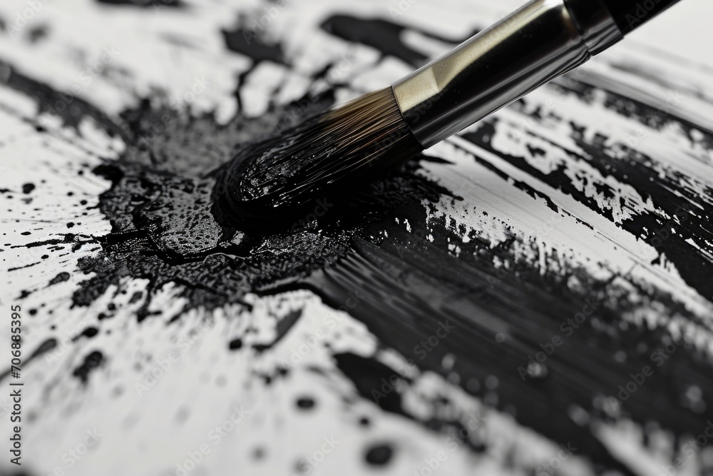 Poster a paintbrush with black paint on a white surface. can be used for art projects or creative concepts