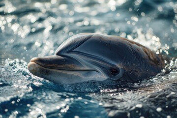 Close up shot of a dolphin swimming in the water. Perfect for aquatic and marine-themed projects