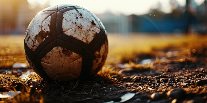 A dirty soccer ball sitting in the middle of a field. This image can be used to depict a neglected or abandoned sports equipment
