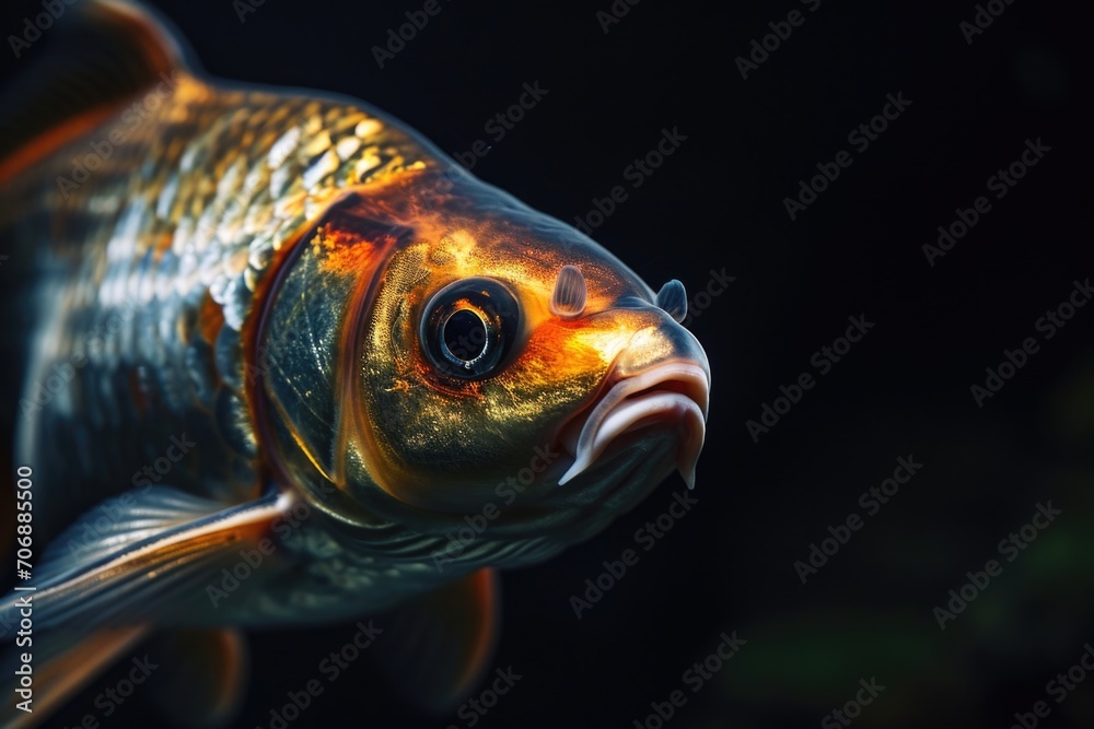 Poster a detailed view of a fish with a black background. perfect for aquatic-themed projects or adding a t