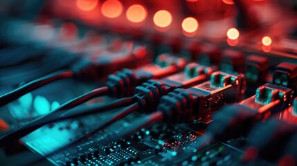 A close up shot of a circuit board with multiple wires. This image can be used to depict technology, electronics, or the intricacies of modern devices