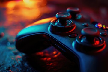 A detailed close-up of a video game controller. Perfect for illustrating gaming concepts or creating content related to technology and entertainment - obrazy, fototapety, plakaty