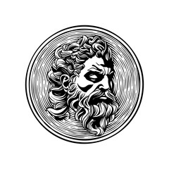 Black and white illustration of Zeus coin - obrazy, fototapety, plakaty