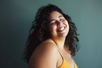 studio portrait of confident overweight happy woman embodying body positivity and a positive attitude