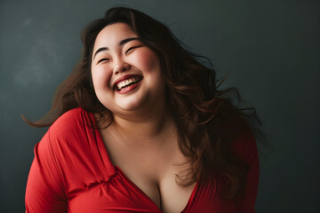 studio portrait of confident overweight happy Asian woman embodying body positivity and a positive attitude - obrazy, fototapety, plakaty