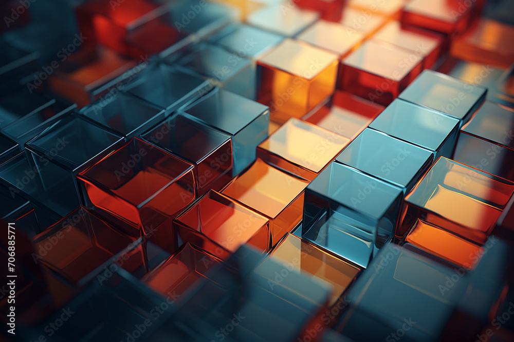 Poster abstract, minimalist blockchain data blocks with subtle shading.