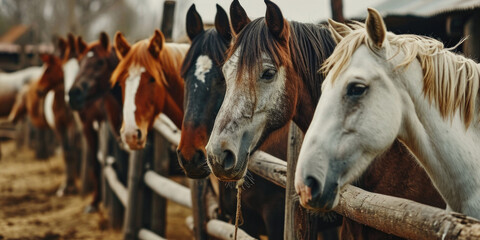 A group of horses standing next to each other. Suitable for various equestrian or countryside themes