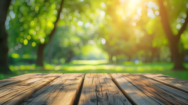 wooden table platform with blurry spring / summer background with bokeh