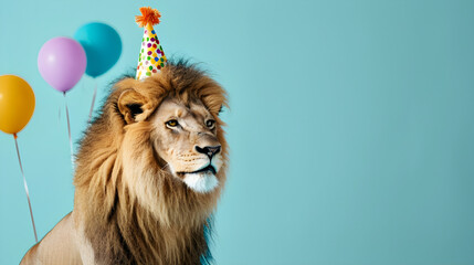 studio portrait of lion wearing birthday hat isolated on blue background with copy space and...