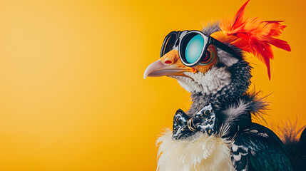studio portrait of bird wearing sunglasses and bowtie isolated on yellow background with copy space - obrazy, fototapety, plakaty