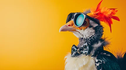 Foto op Plexiglas studio portrait of bird wearing sunglasses and bowtie isolated on yellow background with copy space © sam