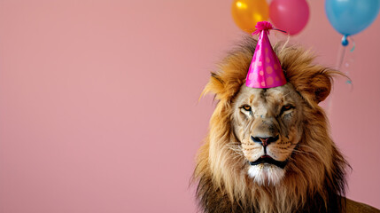 studio portrait of lion wearing birthday hat isolated on pink background with copy space