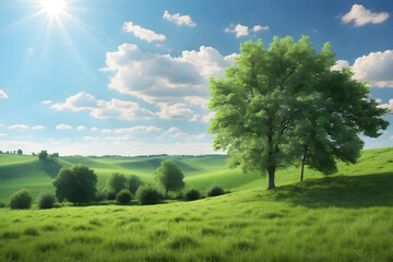 A landscape of green grass fields and bright blue sky