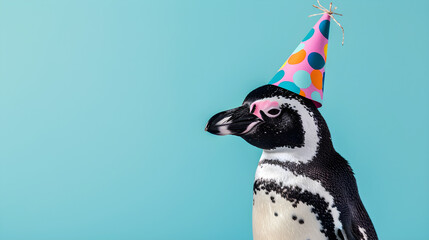 studio portrait of penguin wearing birthday hat isolated on blue background with copy space