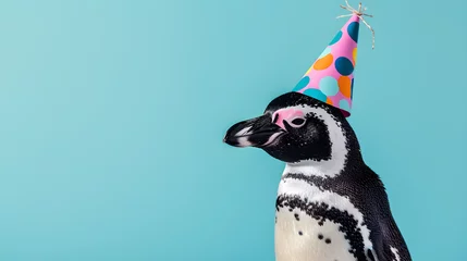 Foto auf Acrylglas studio portrait of penguin wearing birthday hat isolated on blue background with copy space © sam