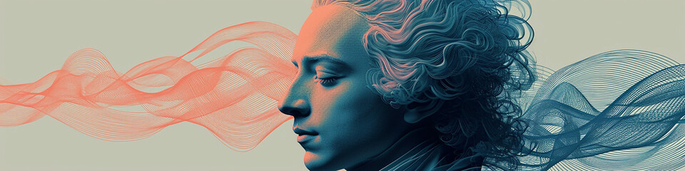 Exposure portrait of Wolfgang Amadeus Mozart combined with abstract lines and curves.