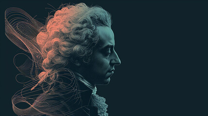 Exposure portrait of Wolfgang Amadeus Mozart combined with abstract lines and curves.