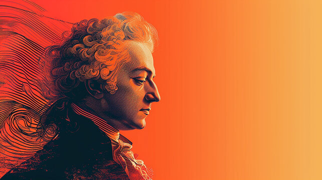 Exposure portrait of Wolfgang Amadeus Mozart combined with abstract lines and curves.