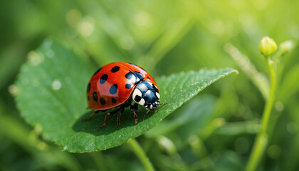 Ladybug on a green grass leaf. AI generated