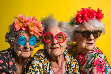 funny colourful studio portrait of three active senior women