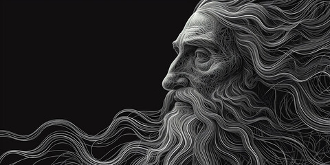 Portrait of Leonardo da Vinci combined with abstract lines and curves.