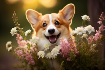 Corgi in flowers. Mother's day card