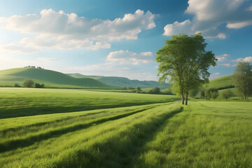 Fototapeta na wymiar A landscape of green grass fields and bright blue sky