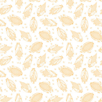 Maize. Outline Corn Cobs Seamless Pattern. Vector Vegetable Background.