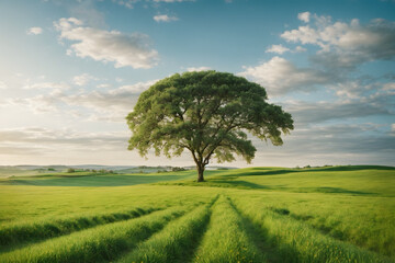 Fototapeta premium A landscape of a green fields and a bright blue sky