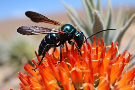 
Photo of a Tarantula Hawk wasp, with its striking blue-black body and orange wings, near a cactus flower