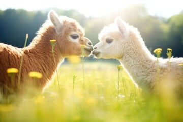 two alpacas touching noses in sunny meadow - obrazy, fototapety, plakaty